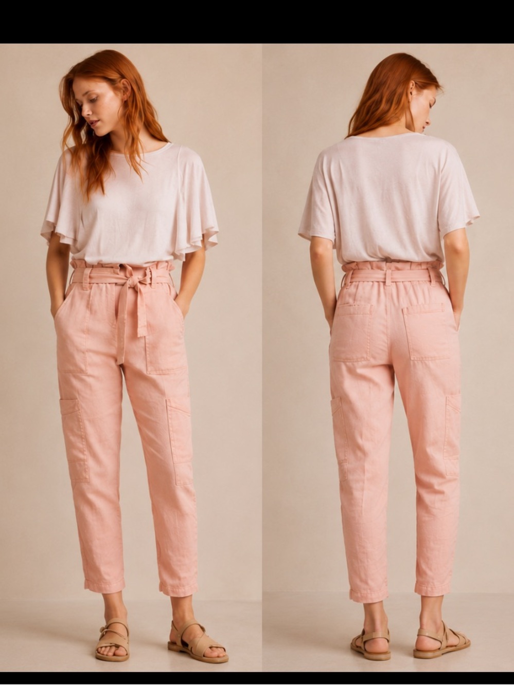Anthropologie ELEVENSES Pink Linen Twill ROMY Paperbag Tapered Cargo